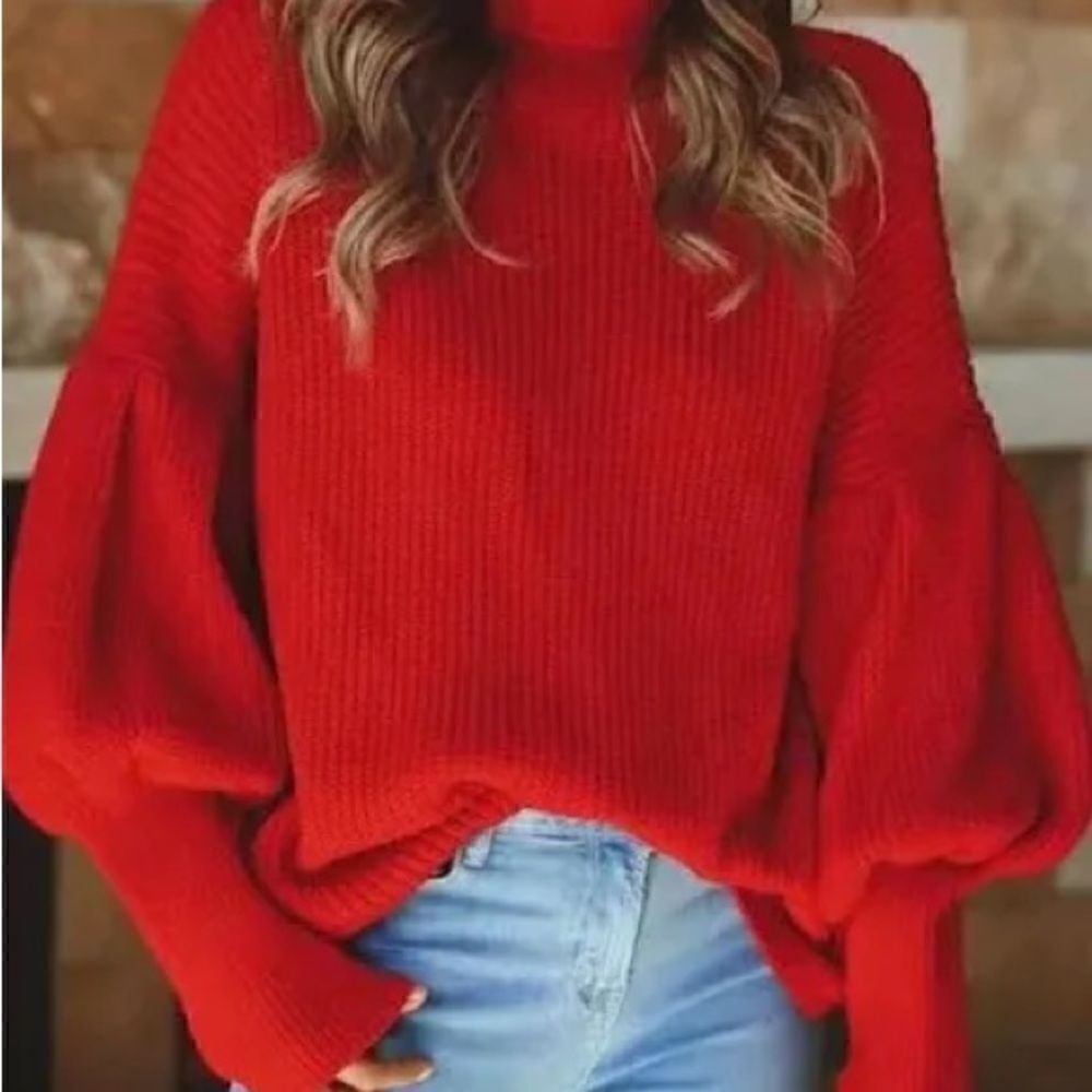 Red Balloon Sleeve Turtleneck Sweater